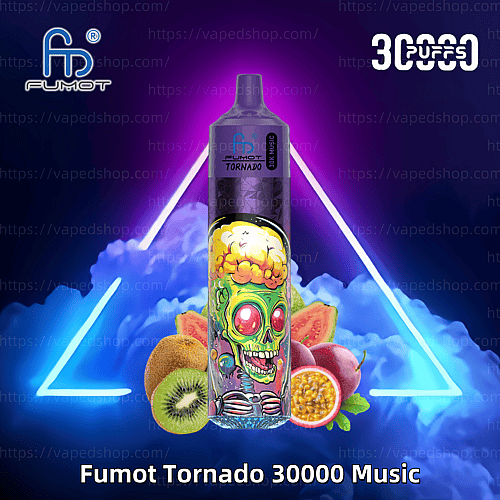 Fumot Tornado 30000 Music vape-enhet med en färgstark design med en tecknad skalle, tropiska frukter (kiwi, passionsfrukt och guava) och en neontriangel i bakgrunden.