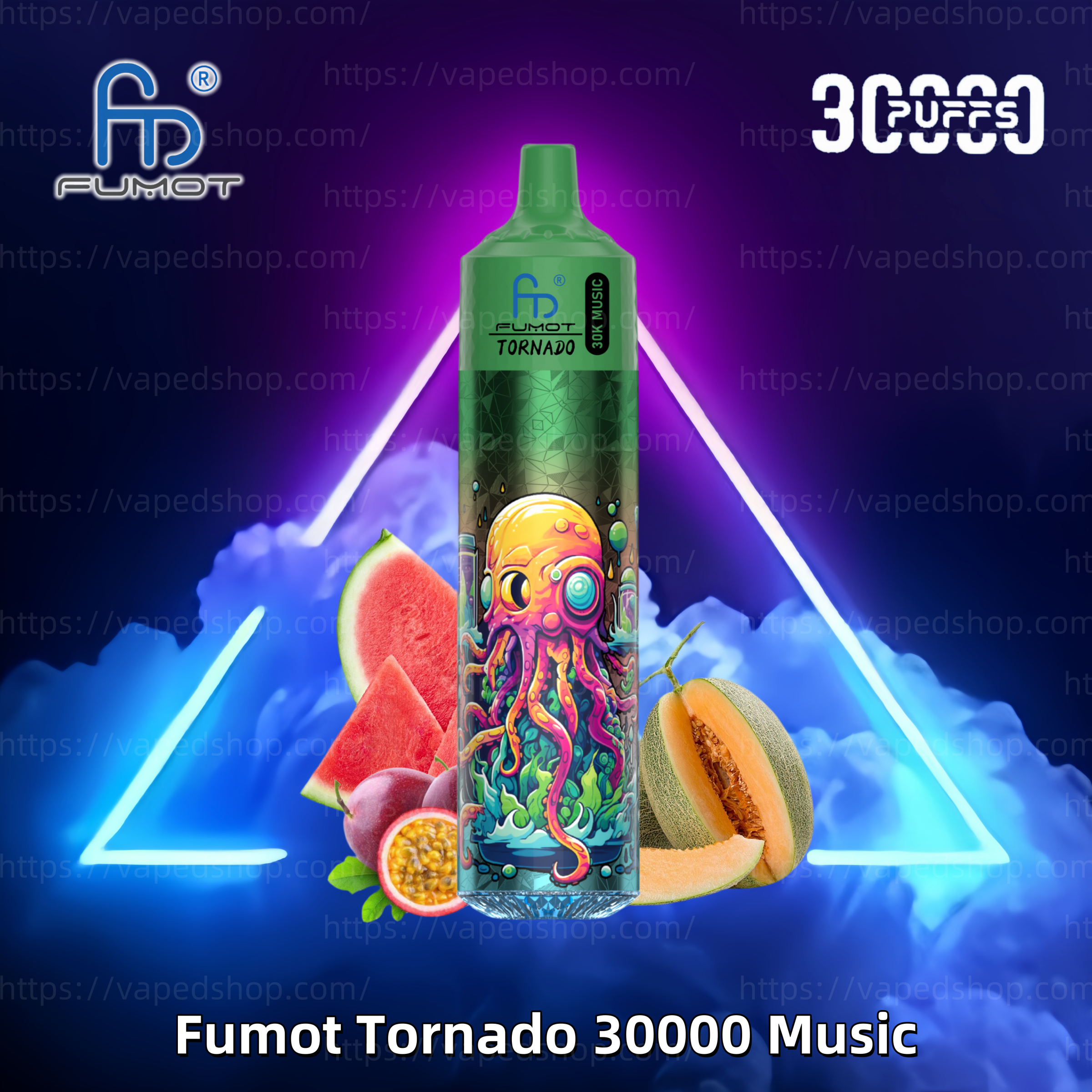 En färgglad vape-enhet märkt "Fumot Tornado 30000 Music" med bläckfiskkonstverk, omgiven av vattenmelon, cantaloupe och passionsfrukt med neonljuseffekter.