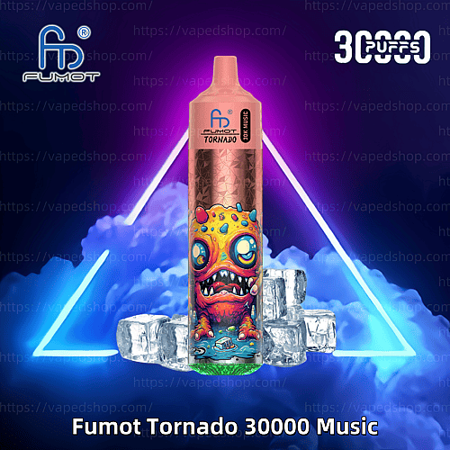 En rosa Fumot Tornado 30000 Music vape-enhet med en färgstark monsterdesign, omgiven av isbitar och livfulla neontriangelaccenter i bakgrunden.