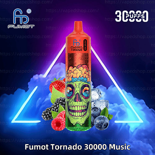 Un vaporizador desechable Fumot Tornado 30000 Music con un diseño con temática de zombies verdes, rodeado de bayas mixtas, cubitos de hielo y un fondo triangular de neón brillante.
