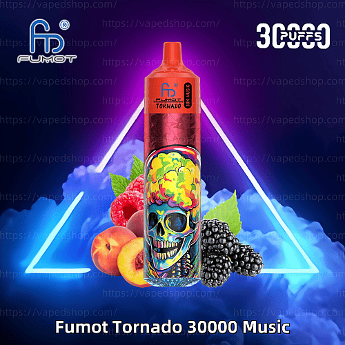 En livlig vape-enhet märkt "Fumot Tornado 30000 Music" med en färgglad skalle- och hjärndesign, omgiven av hallon, björnbär, persikor och en neonblå och lila bakgrund.