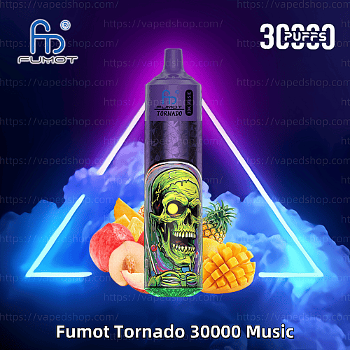 En Fumot Tornado 30000 Music engångsvape med en livlig grön zombiedesign, omgiven av färgglada fruktillustrationer inklusive persika, ananas och mango, på en neonupplyst lila bakgrund.