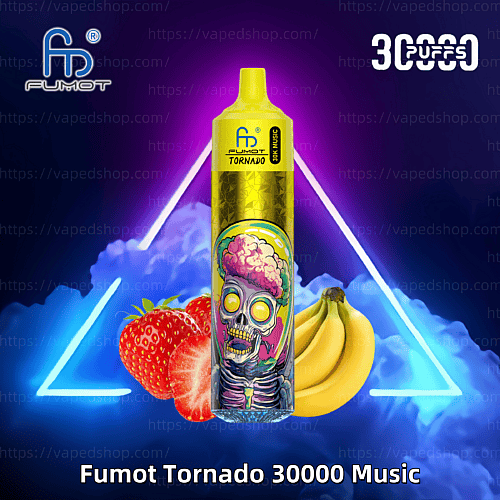 Fumot Tornado 30000 Music vape with a vibrant zombie-themed design, surrounded by strawberries and bananas, set against a neon-lit smoky background.