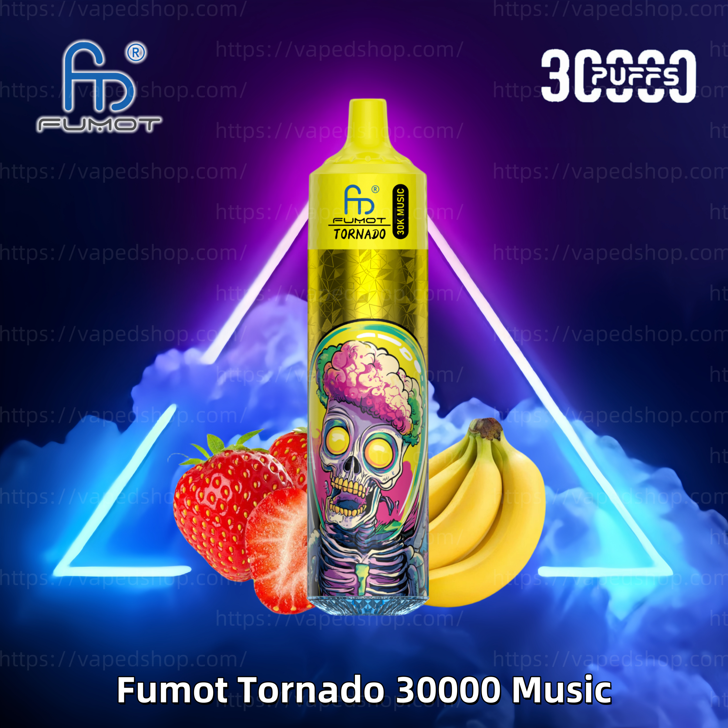 Fumot Tornado 30000 Music-vape med en livlig design med zombietema, omgiven av jordgubbar och bananer, mot en neonupplyst rökig bakgrund.