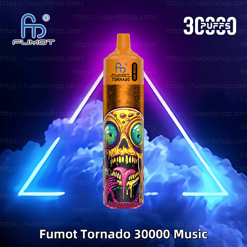 Un dispositivo de vapeo colorido denominado "Fumot Tornado 30000 Music" con ilustraciones vibrantes de un rostro surrealista, sobre un fondo de nubes de neón con acentos de luz triangulares.