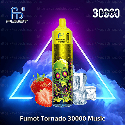 En gul engångsvape-enhet med en livlig skalleillustration, omgiven av jordgubbs- och iskubsbilder, neonbelysning och texten "Fumot Tornado 30000 Music" och "30000 Puffs".