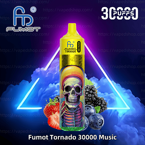 En Fumot Tornado 30000 Music vape-enhet med en färgglad skalledesign, omgiven av jordgubbar, björnbär och blåbär, mot en neonupplyst bakgrund med blå och lila rök.