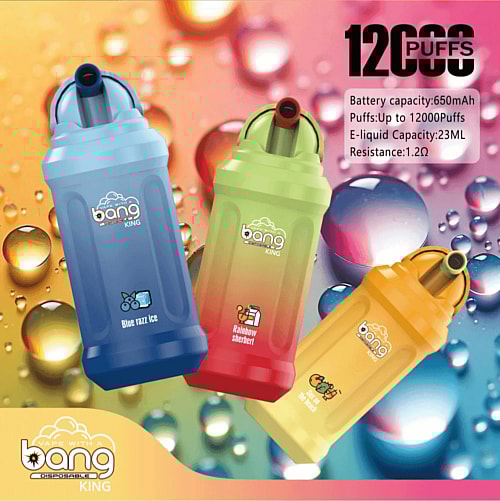 Three colorful disposable vape devices labeled "bang" with flavors Blue Razz Ice, Rainbow Sherbert, and Red Apple, displayed against a vibrant background with liquid droplets and a "12000 Puffs" label.