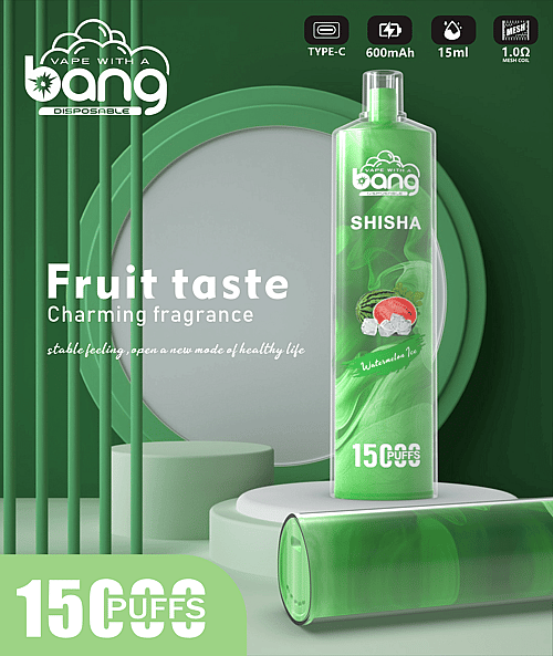 Ein grüner Einweg-Vaporizer mit „Bang“-Branding, mit Wassermeloneneisgeschmack, 15 ml Fassungsvermögen, 600 mAh-Akku, 1,0 Ω Mesh-Spule und 15.000 Zügen. Die Verpackung hebt „Fruchtgeschmack“ und „bezaubernden Duft“ hervor.