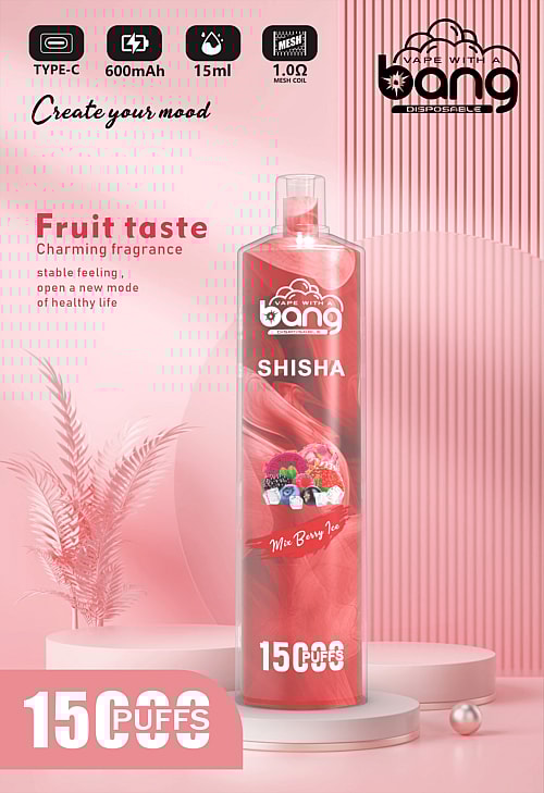 A disposable vape device labeled "Bang" with 15,000 puffs, Mix Berry Ice flavor, 600mAh battery, 15ml e-liquid, and 1.0Ω mesh coil. The design is predominantly pink with fruit imagery and the text "Create your mood."