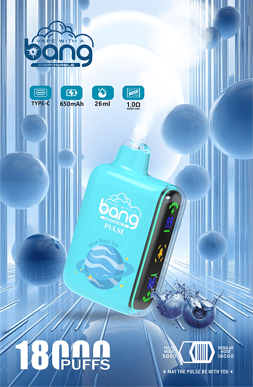 Bang disposable vape in blue color with "Blue Razz Ice" flavor, featuring Type-C charging, 650mAh battery, 26ml capacity, 1.0Ω mesh coil, and up to 18,000 puffs, displayed with digital screen indicators and surrounded by blue spherical elements.