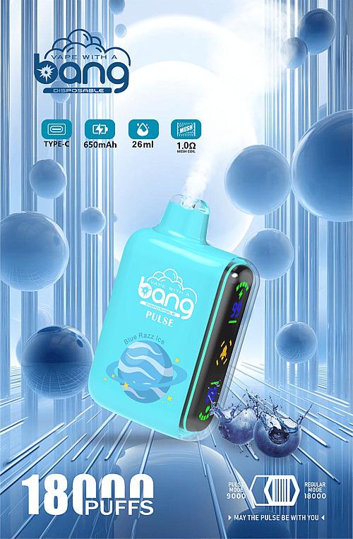 Bang wegwerp-vape in de kleur blauw met de smaak "Blue Razz Ice", met Type-C-oplaadfunctie, 650 mAh-batterij, 26 ml capaciteit, 1,0 Ω mesh-coil en tot 18.000 trekjes, weergegeven met digitale schermindicatoren en omringd door blauwe bolvormige elementen.