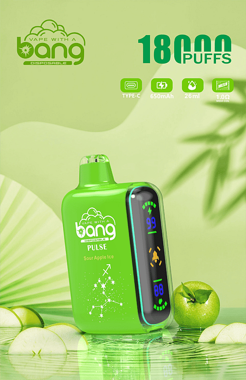 A green disposable vape device labeled "Bang Pulse" with "Sour Apple Ice" flavor, displaying "18,000 puffs" and features like a Type-C port, 650mAh battery, 26ml capacity, and a 1.0Ω mesh coil on a digital screen.
