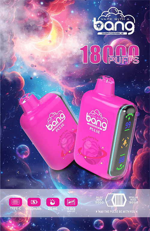 Pink disposable vape devices with "Bang" branding and a space-themed background. The devices advertise 18,000 puffs, Triple Berry Ice flavor, 650mAh battery, 26ml capacity, Type-C charging, and a 1.0Ω mesh coil.