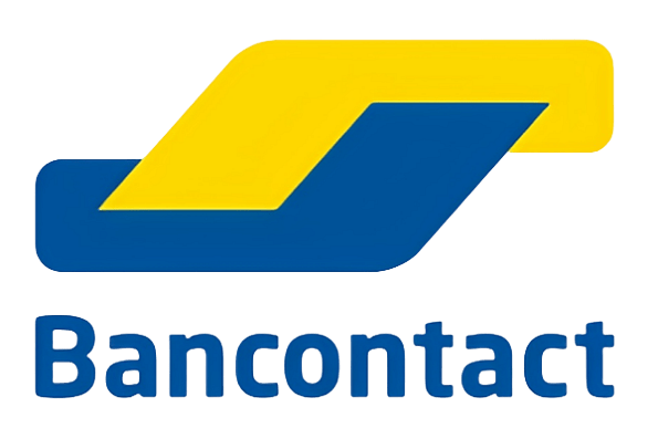 Bancontact logo featuring a yellow and blue geometric shape with the word "Bancontact" below.