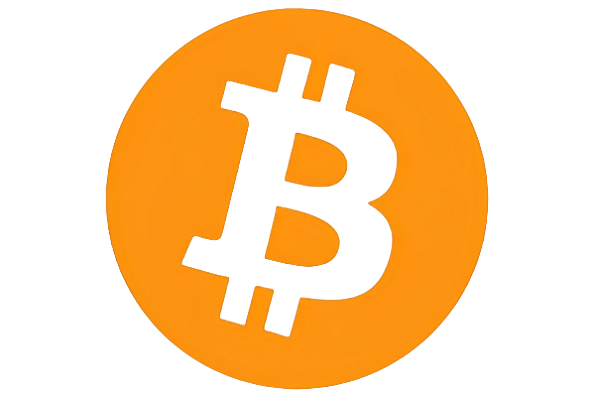 Bitcoin logo: an orange circle with a white, stylized "B" symbol in the center, with two vertical lines running through the letter.