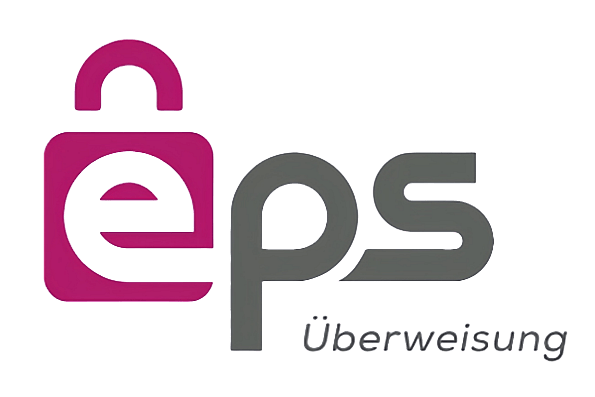 EPS Überweisung-Logo, bestehend aus einem stilisierten rosa „e“ mit einem Vorhängeschloss-Symbol und den grauen Buchstaben „ps“ daneben.