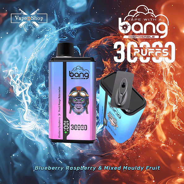 Bang disposable vape with 30,000 puffs, featuring flavors like Blueberry Raspberry and Mixed Mouldy Fruit, displayed with colorful fire and ice background.