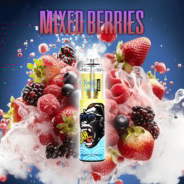 Mixed berries with a vape pen featuring a gorilla graphic, surrounded by colorful berries and smoke, with the text "MIXED BERRIES" at the top.