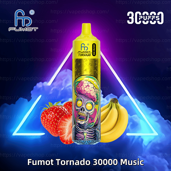 Fumot Tornado 30000 Music vape with a vibrant zombie-themed design, surrounded by strawberries and bananas, set against a neon-lit smoky background.