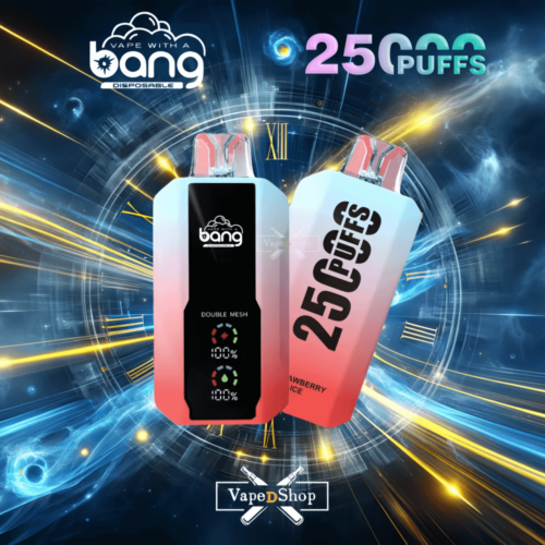 Produtos de vaporizador com a marca "bang", com o texto "25.000 puffs", em um cenário futurista com tema cósmico.