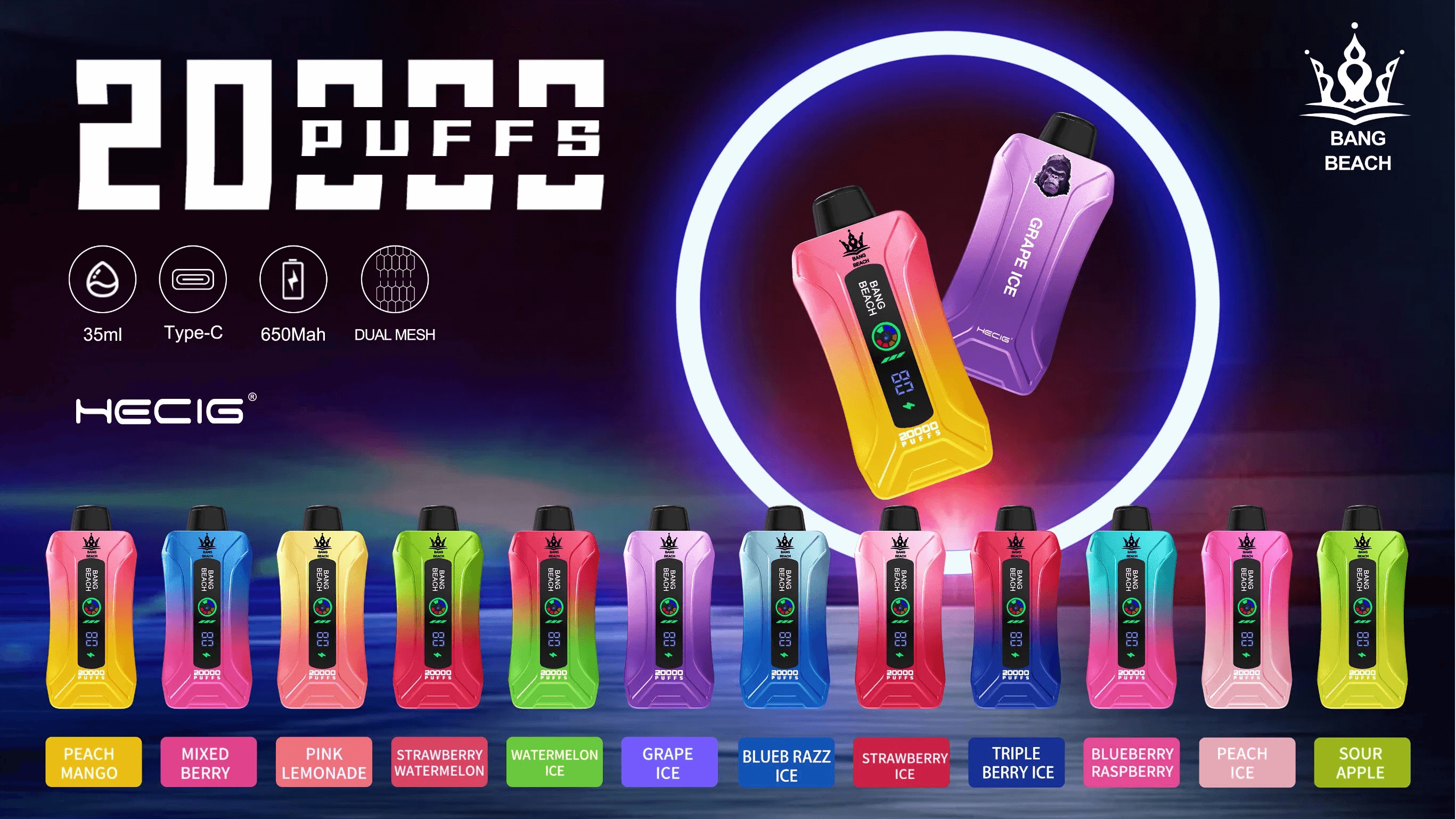 A range of colorful disposable vape devices displayed in a row, each with different flavors and labeled with specifications such as 20,000 puffs, 35ml capacity, Type-C charging, 650mAh battery, and dual mesh coil technology.