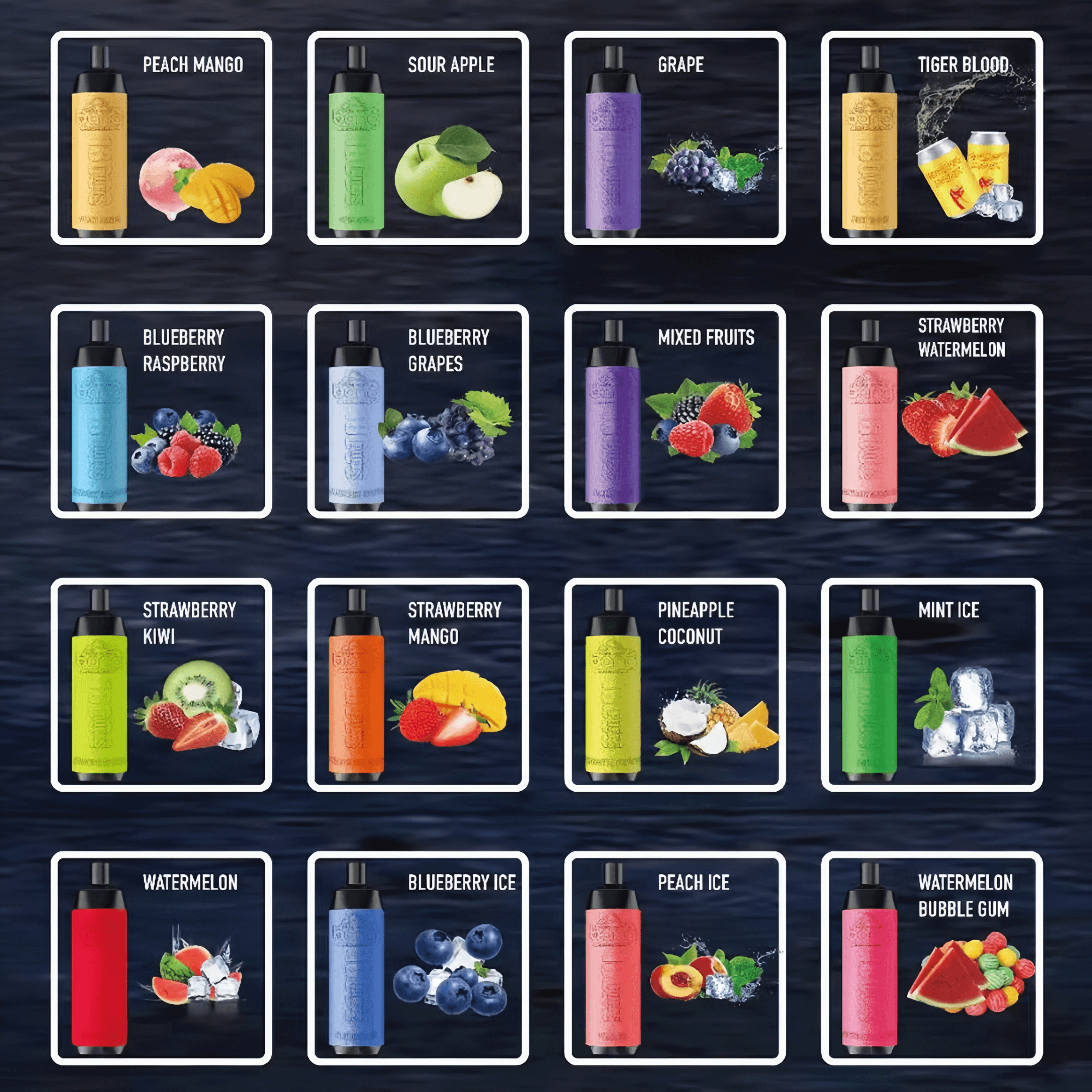 A grid of 16 colorful vape devices, each labeled with different fruit flavors, including "Peach Mango," "Sour Apple," "Grape," "Tiger Blood," "Blueberry Raspberry," "Blueberry Grapes," "Mixed Fruits," "Strawberry Watermelon," "Strawberry Kiwi," "Strawberry Mango," "Pineapple Coconut," "Mint Ice," "Watermelon," "Blueberry Ice," "Peach Ice," and "Watermelon Bubble Gum."