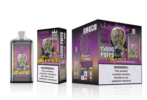 Emballage d'une vape jetable « Bang King », représentant un extraterrestre de dessin animé tenant la Terre, étiqueté « 15 000 bouffées » et « Kiwi Passion Fruit Guava ». L'étiquette d'avertissement indique que la nicotine crée une dépendance.