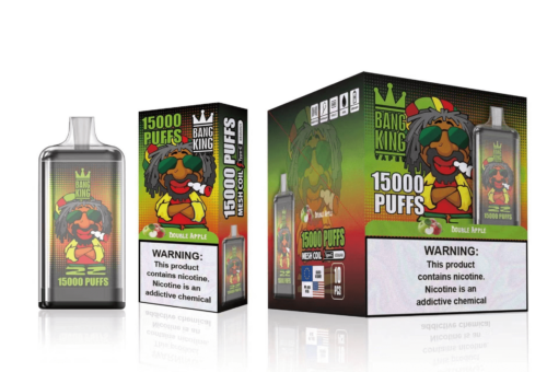 Emballage de l'appareil à vapotage « Bang King » affichant « 15 000 PUFFS » avec un personnage de dessin animé en train de fumer, avec une saveur « Double Apple » et une étiquette d'avertissement relative à la nicotine.