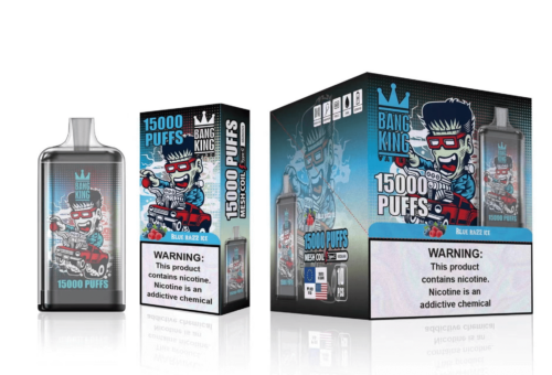 Appareil et emballage Bang King Vape avec l'étiquette « 15 000 bouffées », représentant un personnage de dessin animé conduisant une voiture rouge et un texte d'avertissement sur la dépendance à la nicotine.