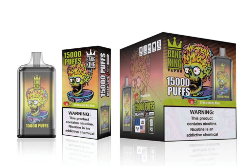 Emballage et image du produit Bang King Vapen, une vape jetable de 15 000 bouffées, avec une saveur fraise-kiwi et un avertissement indiquant que la nicotine est un produit chimique addictif.