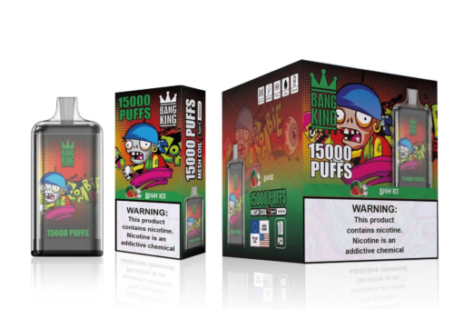 Emballage et appareil de la vape jetable « Bang King 15000 Puffs » comportant une illustration de zombie de dessin animé et une étiquette d'avertissement sur la nicotine.