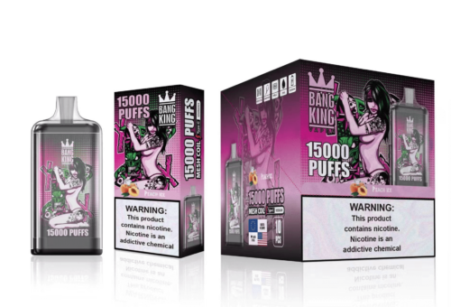 Emballage de vape Bang King affichant « 15 000 PUFFS » et une image stylisée d'une femme tatouée sur la boîte et l'appareil de vape, avec une étiquette d'avertissement sur la nicotine.