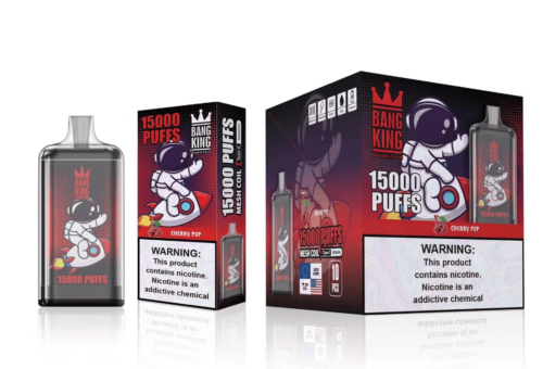 Emballage et présentation du produit d'un appareil de vapotage Bang King avec 15 000 bouffées, comportant un graphique d'astronaute et une étiquette d'avertissement concernant la nicotine.