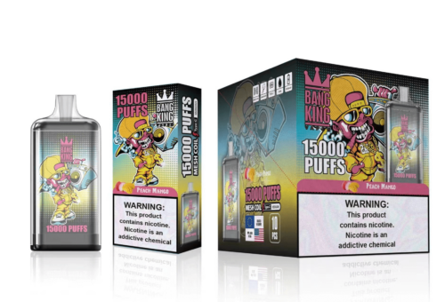 Emballage d'appareil de vapotage jetable Bang King, étiqueté « 15 000 bouffées » et saveur « Pêche Mangue », mettant en vedette un personnage de dessin animé avec une casquette et une boombox.