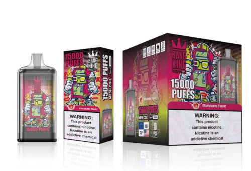 Appareil de vapotage et emballage de Bang King, étiquetés « 15 000 bouffées », représentant un robot de dessin animé tenant de la glace et portant des lunettes, avec un avertissement concernant la dépendance à la nicotine.