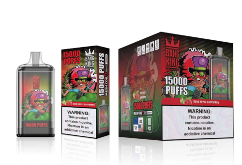 Emballage et image du produit de la vape jetable Bang King 15000 Puffs au goût de pomme aigre-douce et de framboise, présentant un design coloré avec un personnage de dessin animé portant un haut-de-forme violet.
