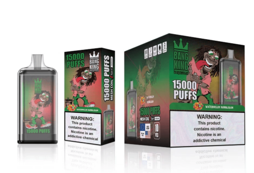 Appareil de vapotage et emballage Bang King représentant un personnage de dessin animé avec le texte « 15000 PUFFS » et une étiquette d'avertissement sur la dépendance à la nicotine.