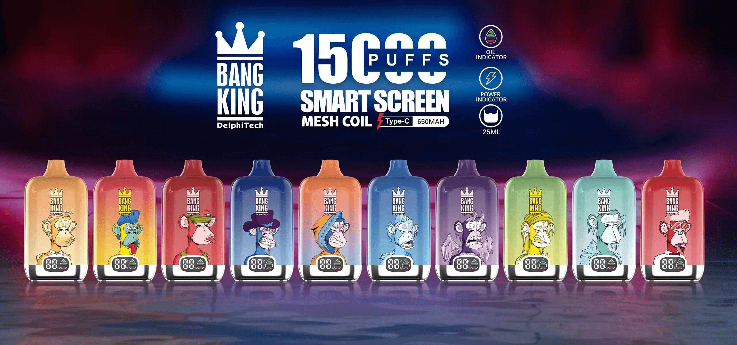 Bang King disposable vapes in various colors, each featuring a different animated monkey design, with 15,000 puffs, smart screen, mesh coil, and Type-C charging.