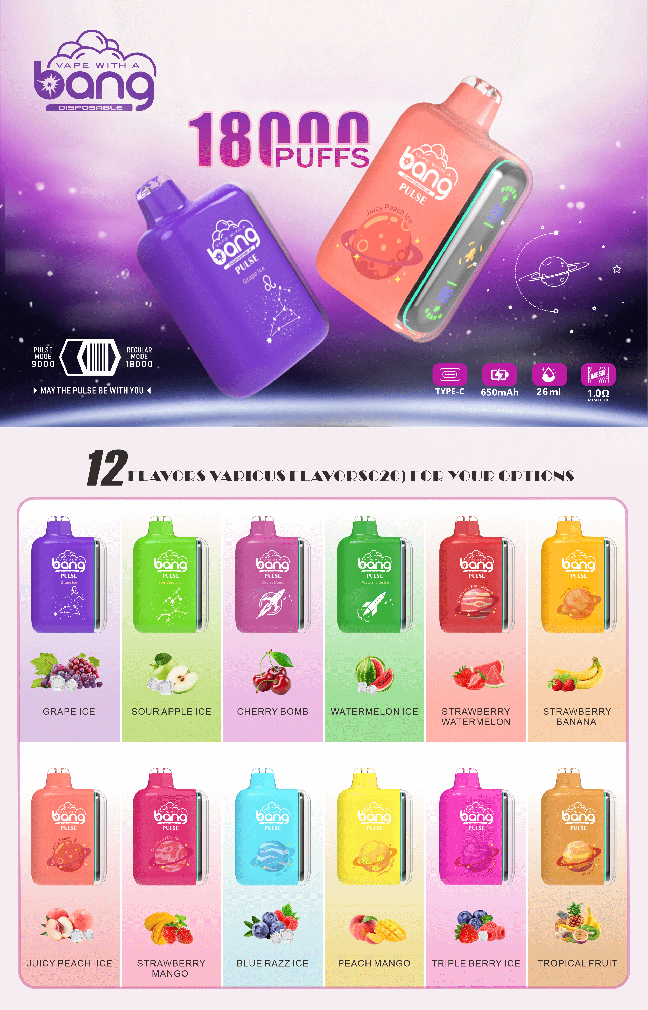 Bang Pulse disposable vape device with 18,000 puffs, 650mAh battery, and 26ml e-liquid capacity, available in 12 flavors including Grape Ice, Juicy Peach Ice, and Strawberry Mango.