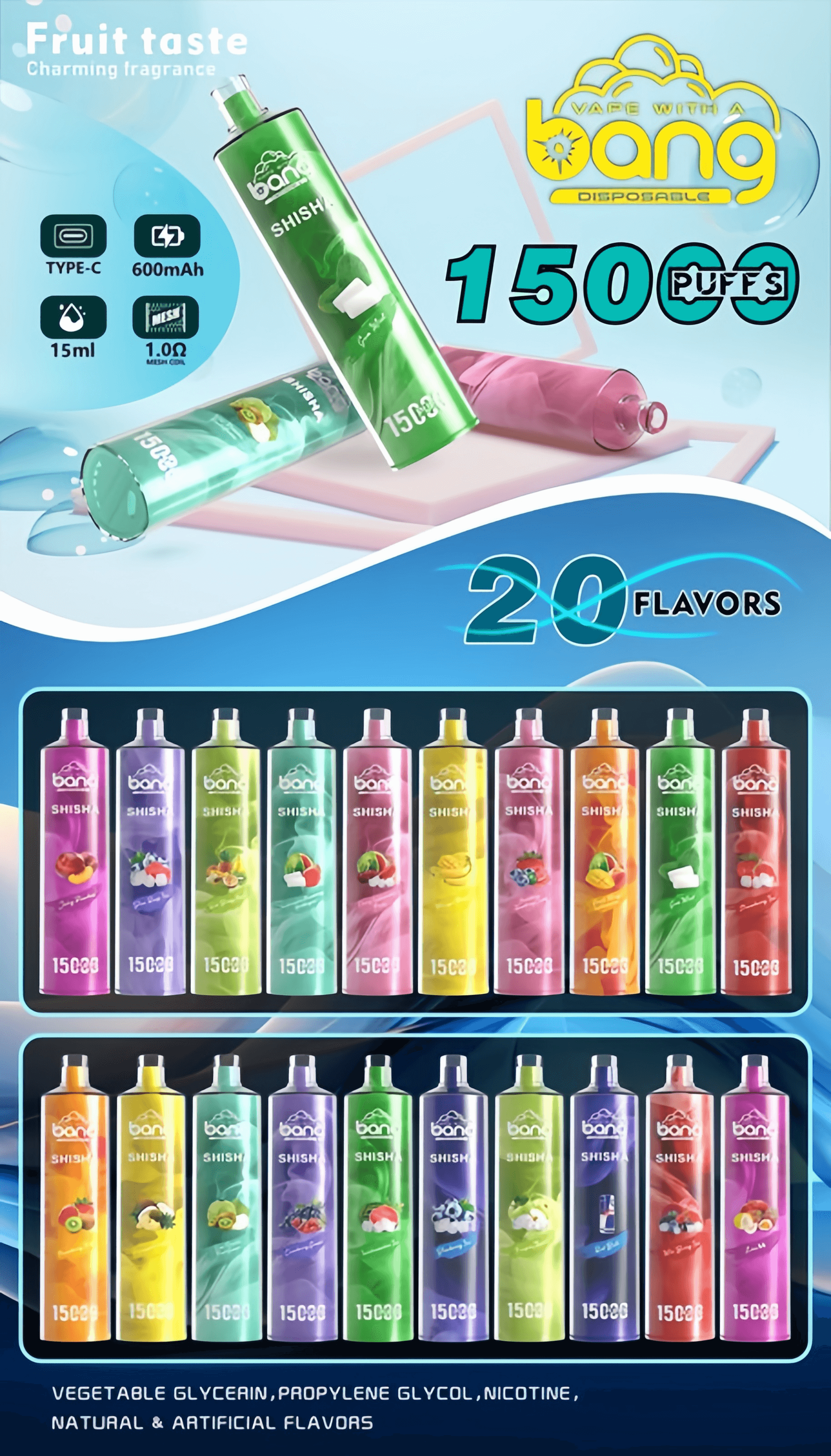 Disposable vape devices in various flavors, each labeled "1500 puffs," with a 600mAh battery, Type-C charging, and 15ml e-liquid capacity.