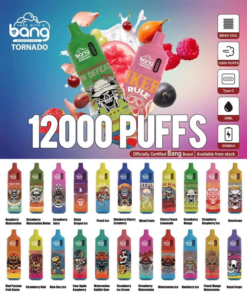 "Bang Tornado disposable vape advertisement featuring various flavors such as Raspberry Watermelon, Peach Ice, and Blueberry Cherry Cranberry, highlighting 12,000 puffs, mesh coil, Type-C charging, 20ml capacity, and 650mAh battery."