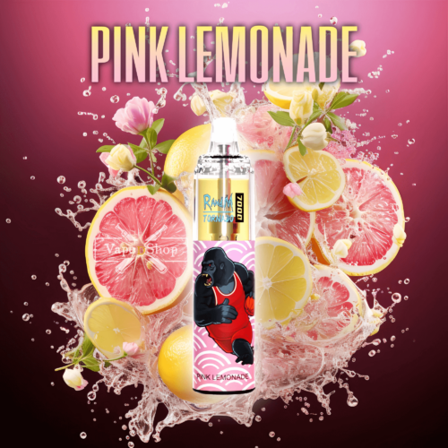 Uma caneta vape com o rótulo "PINK LEMONADE" (Limonada Rosa) com o desenho de um gorila musculoso vestindo uma regata vermelha, em um fundo vibrante de fatias de limão rosa e amarelo, flores rosas e líquido espirrando.