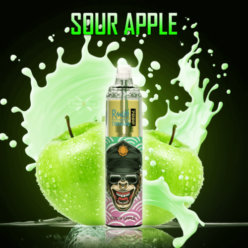 "Caneta vaporizadora Sour Apple com um desenho estilizado de uma figura sorridente usando óculos escuros e boné, em contraste com maçãs verdes e respingos de líquido verde."