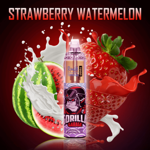 Produto de vaporizador Gorilla Garage com o rótulo "Morango e melancia" com grandes imagens de morangos, fatias de melancia e respingos de líquido ao fundo.