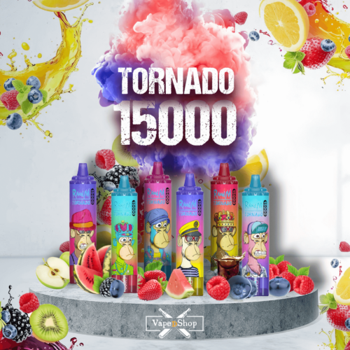 Imagem de cinco canetas vape coloridas rotuladas "Tornado 15000" da VapeDShop, cercadas por várias ilustrações de frutas.