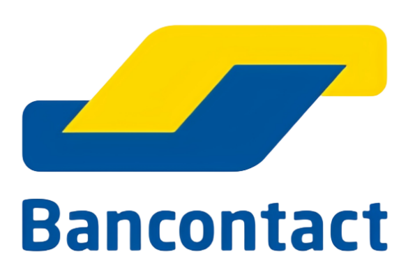 Logotipo do Bancontact com uma forma geométrica amarela e azul com a palavra "Bancontact" abaixo.