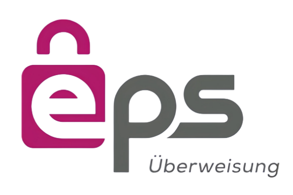 Logotipo EPS Überweisung, apresentando um "e" rosa estilizado com um ícone de cadeado e letras cinza "ps" ao lado.