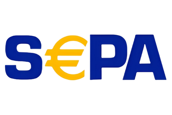 Logotipo da SEPA com letras azuis e o símbolo do Euro (€) em amarelo.