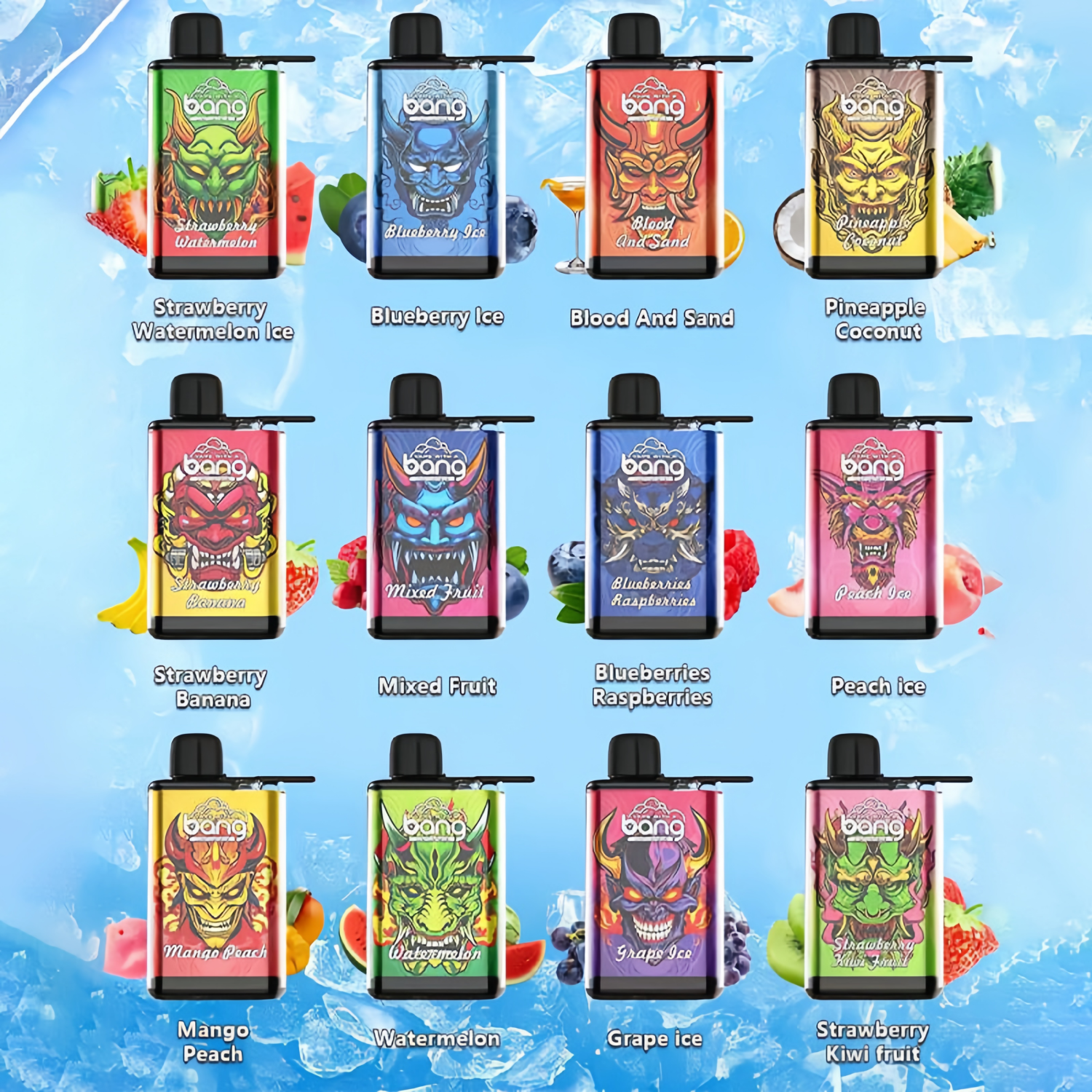 Display of Bang disposable vape flavors, including Strawberry Watermelon Ice, Blueberry Ice, Blood and Sand, Pineapple Coconut, Strawberry Banana, Mixed Fruit, Blueberries Raspberries, Peach Ice, Mango Peach, Watermelon, Grape Ice, and Strawberry Kiwi Fruit, with colorful designs on a light blue icy background.